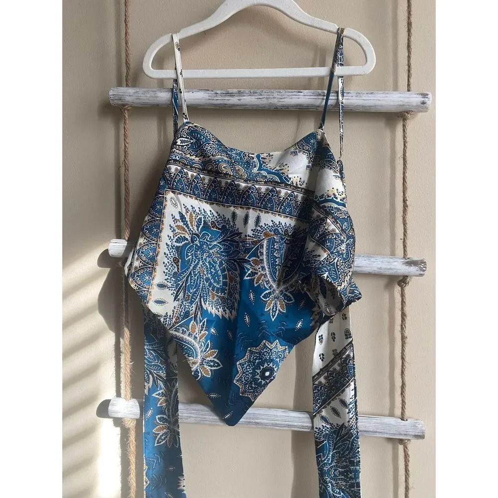 SHEIN Silk Paisley Print Scarf Tie Back Bandana Satin Top - Picture 4 of 8